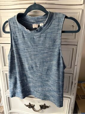 Anthropologie Knit Blue Stripe Ribbed Tank, Mock Neck, Not Cropped, UEC. Size Lg